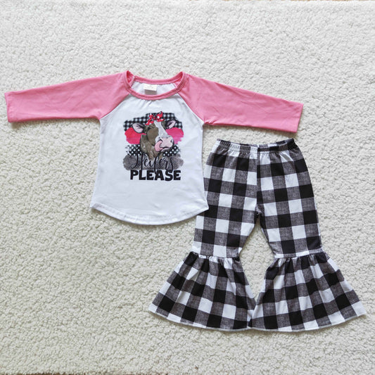 promotion Clearance 6 A25-29 Please Cow Heifer Pink Black Plaid Girls Short Sleeve Bell Bottom Pants Outfits
