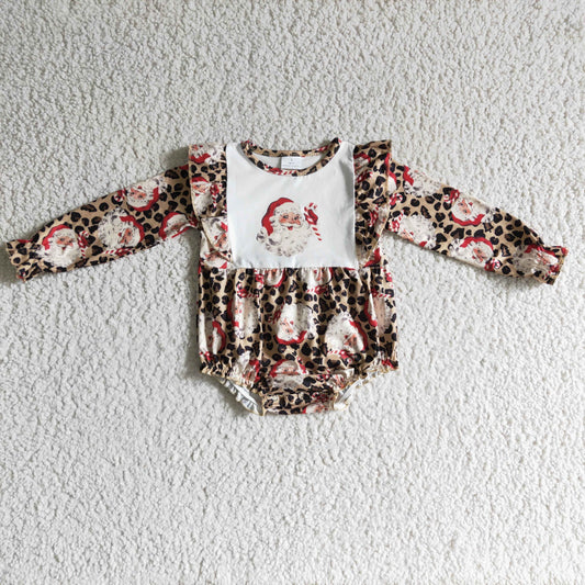 LR0202 Christmas Santa Red Leopard Girls Long Sleeve Romper