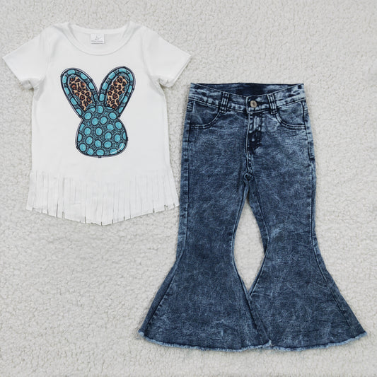 GSPO0532 2pcs GT0136 Easter Rabbit Blue Tassel Top+ P0008 Blue Denim Girls Short Sleeve Bell Bottom Pants Outfits
