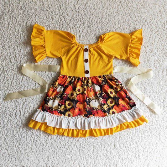Promotion RTS GSD0144 Halloween Pumpkin Orange Yellow Sunflower Belt Girls Short Sleeve Dresses