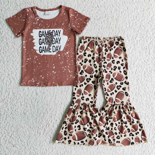 promotion RTS GSPO0216 Brown Leopard Football Game Day Girls Short Sleeve Bell Bottom Pants Outfits