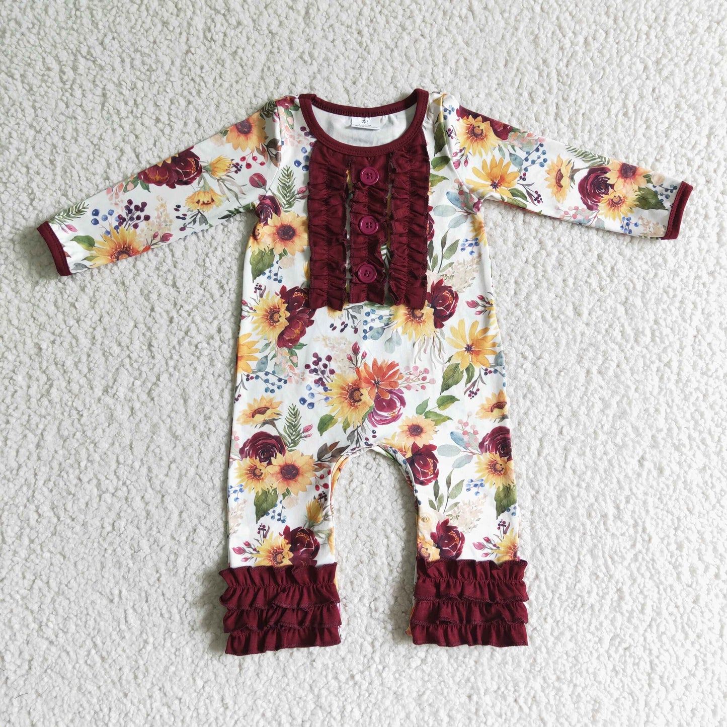 LR0009 Halloween Pumpkin Red Floral Sunflower Girls Long Sleeve Romper