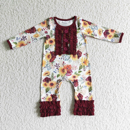 LR0009 Halloween Pumpkin Red Floral Sunflower  Girls Long Sleeve Romper