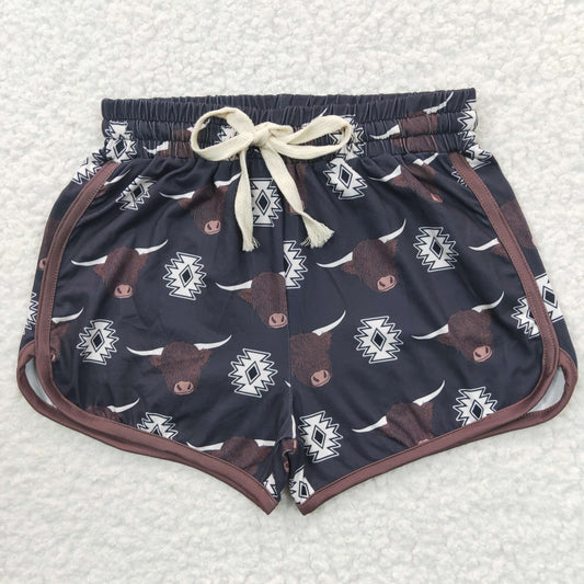 SS0087 Brown Highland Cow Western Girls Shorts Pants