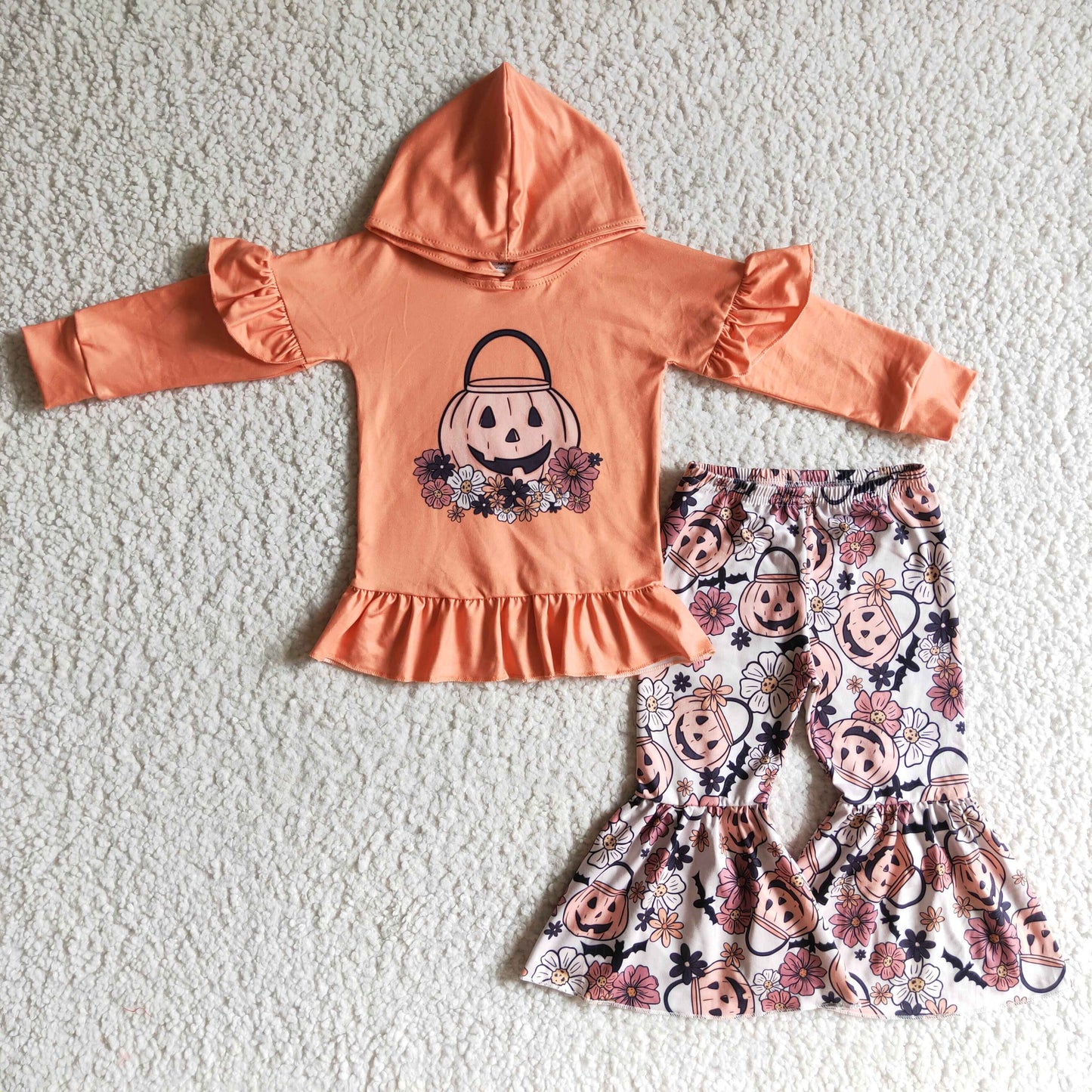 GLP0213 Halloween Pumpkin Floral Orange Ruffles Girls Long Sleeve Hoodies Outfits