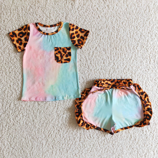 promotion RTS D9-27 Blue Pink Leopard Tie Dye Pocket Girls Short Sleeve Shorts Outfits