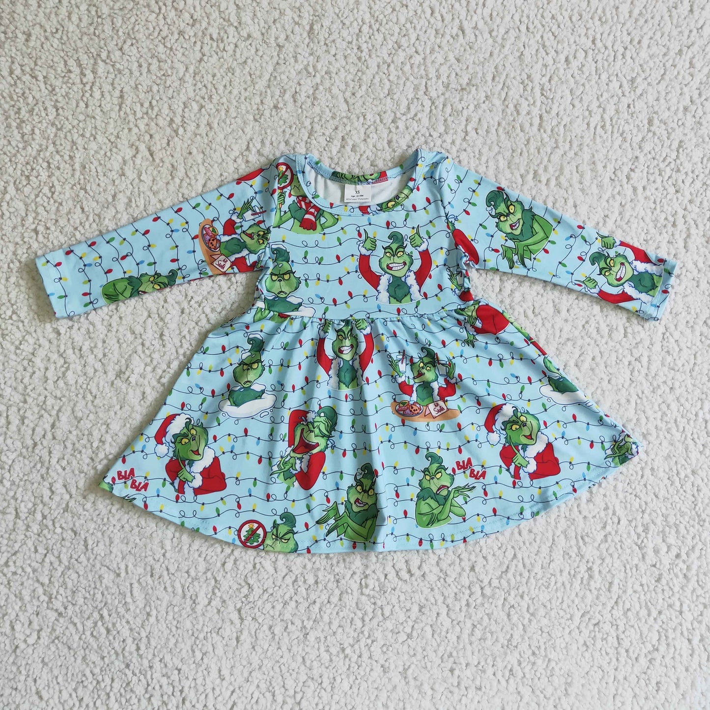 promotion GLD0103 Christmas Santa Red Green Cartoon Blue Girls Long Sleeve Dresses