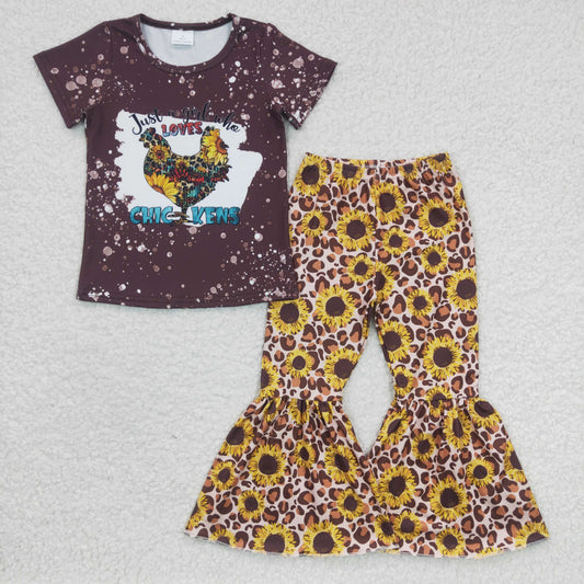 GSPO0370 Just Loves Chickens Sunflower Leoaprd Brown Bleach Girls Short Sleeve Bell Bottom Pants Outfits