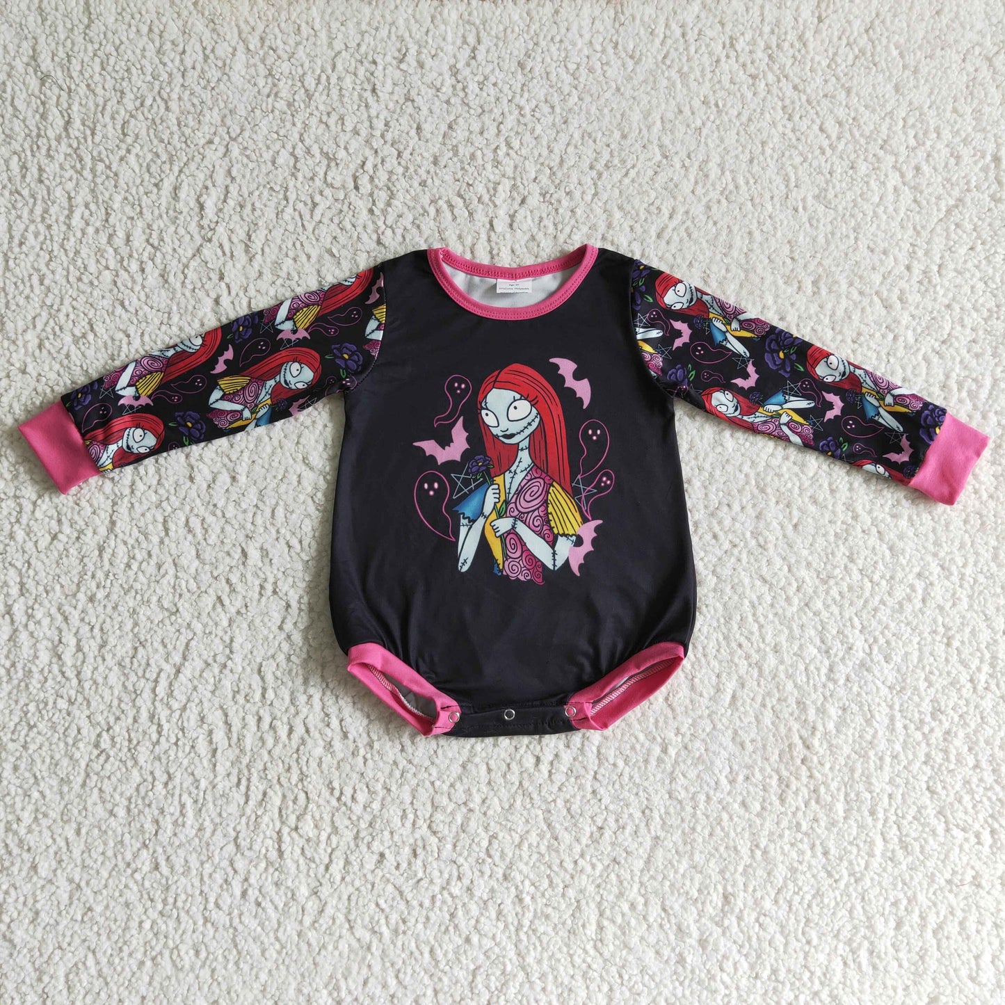LR0151 Halloween Pink Cartoon Bat Girls Long Sleeve Romper