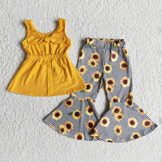 C16-4 Yellow Sunflower Striped Girls Sleeveless Bell Bottom Pants Outfits