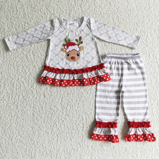 6 A13-27 Christmas Red Grey Deer Embroidery Girls Long Sleeve Pants Outfits