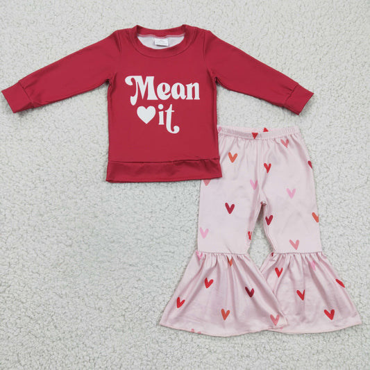 GLP0396 Valentine Red Love Pink Mean It Girls Long Sleeve Bell Bottom Pants Outfits