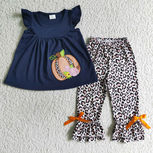 GSPO0133 Halloween Pumpkin Embroidery Leopard Blue Tunic Girls Short Sleeve Pants Outfits
