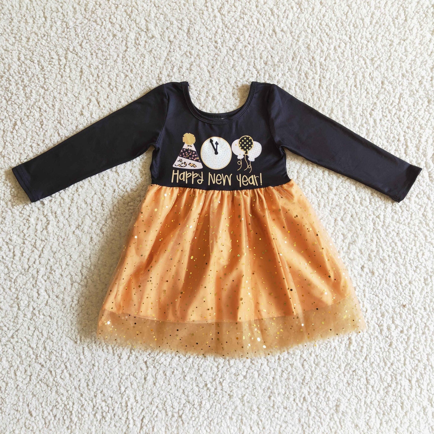 GLD0138 Happy New Year Black Yellow Balloon Clock Hat 3Pcs With Heaband Bow Tulle Tutu Girls Long Sleeve Dresses