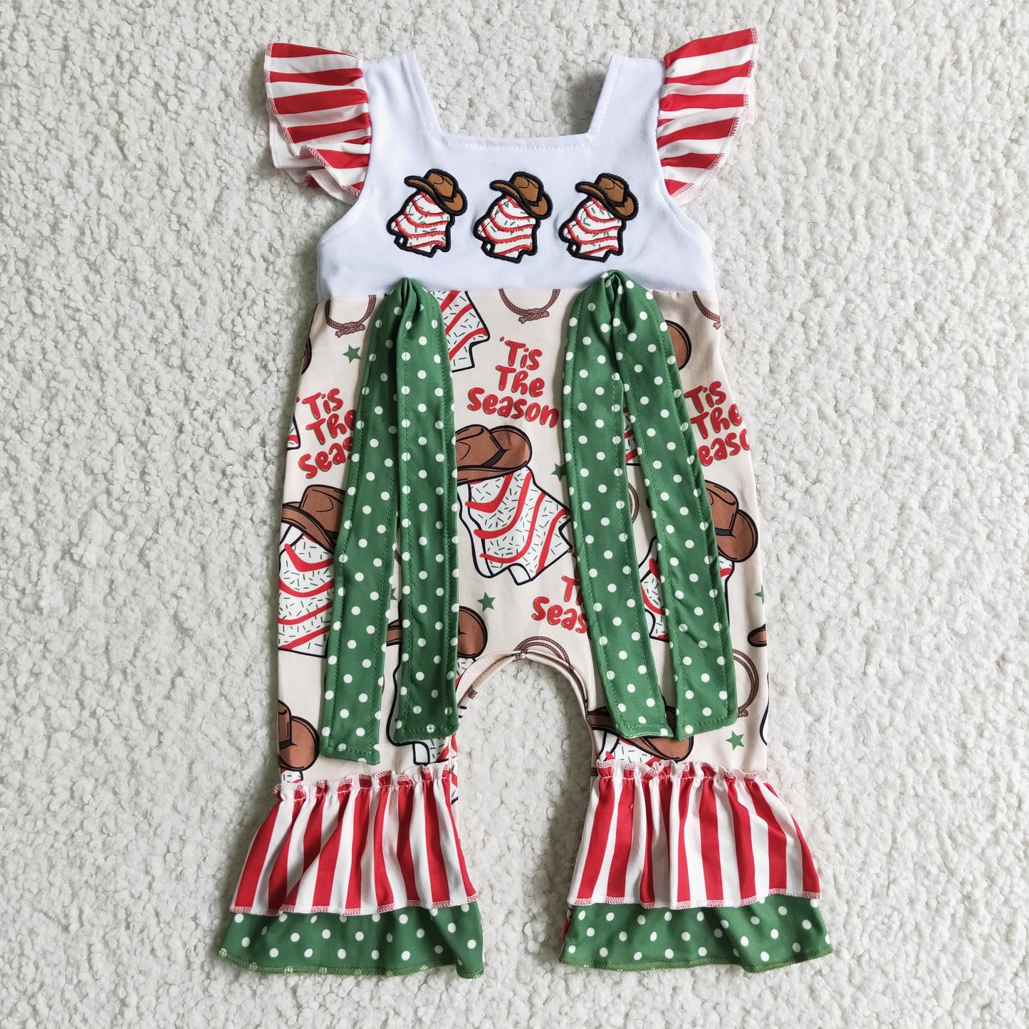 SR0100 Christmas Red Green Tree Season Cowboy Embroidery Girls Short Sleeve Romper