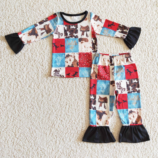 GLP0339 Blue Red Plaid Horses Rodeo Western Cowboy Girls Long Sleeve Pants Outfits Pajamas