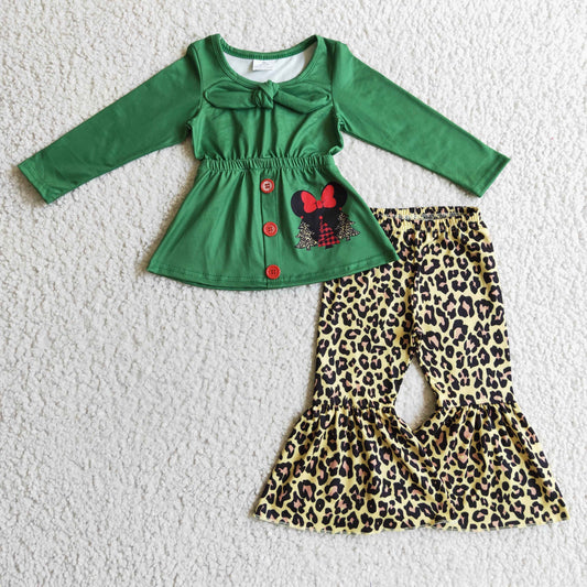 GLP0278 Christmas Tree Red Green Leopard M Cartoon Bow Tunic Girls Long Sleeve Bell Bottom Pants Outfits