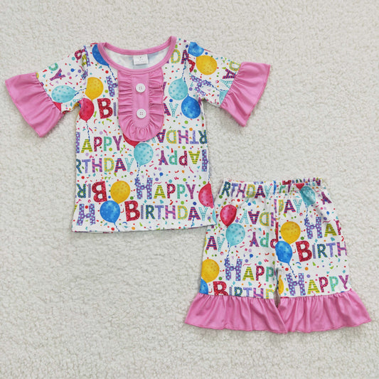 GSSO0198 Happy Birthday Pink Girls Short Sleeve Shorts Outfits Pajamas