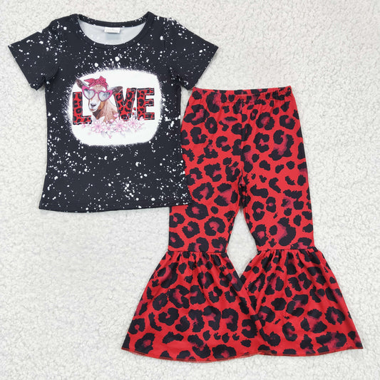 GSPO0288 Valentine Love Red Black Bleach Highland Cow Girls Short Sleeve Bell Bottom Pants Outfits