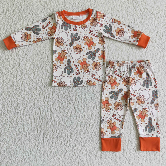 BLP0082 Christmas Orange Gingerbread Cartoon Santa Cactus Boys Long Sleeve Pants Outfits Pajamas