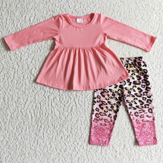 GLP0108 Pink Leopard Tunic Girls Long Sleeve Pants Outfits
