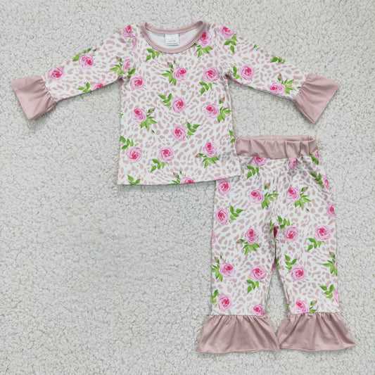 promotion RTS GLP0367 Pink Leopard Floral Flower Girls Long Sleeve Pants Outfits Pajamas