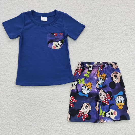 BSSO0163 Purple Duck M Cartoon Pocket Boys Short Sleeve Shorts Outfits