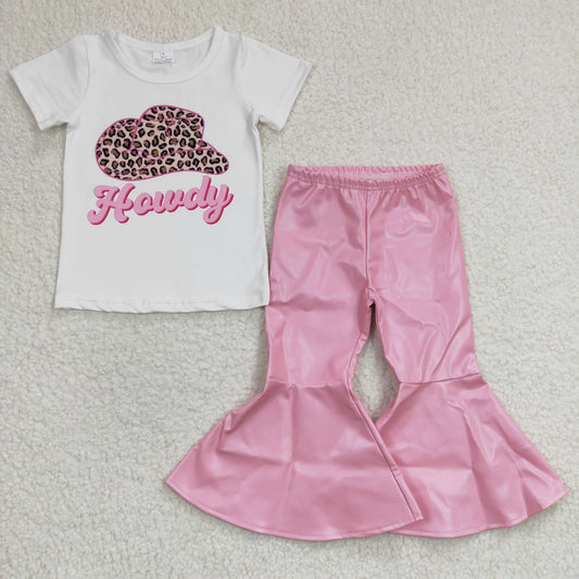 GSPO0470 2Pcs GT0138 Pink Leopard Hat Cowboy Howdy Top + P0049 Pink Leather pants Girls Short Sleeve Bell Bottom Pants Outfits