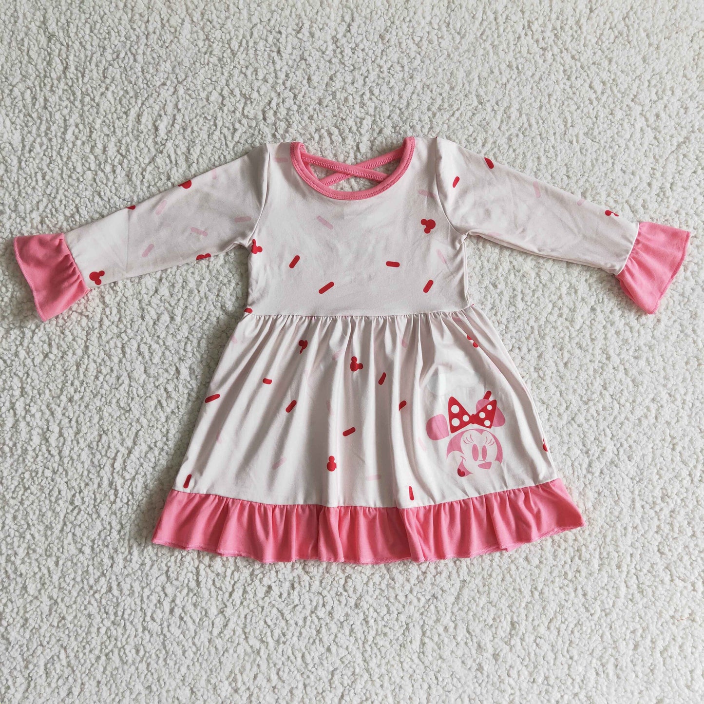 Clearance GLD0096 Christmas Pink M Cartoon Girls Long Sleeve Dresses