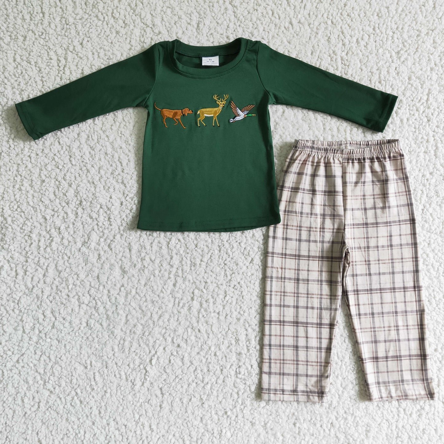 BLP0064 Christmas Green Dog Deer Birds Brown Plaid Embroidery Boys Long Sleeve Pants Outfits