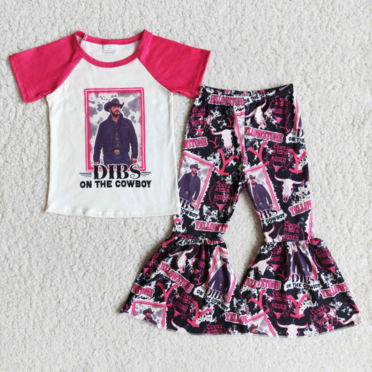 promotion RTS E13-15 Cowboy Hot Pink Girls Short Sleeve Bell Bottom Outfits