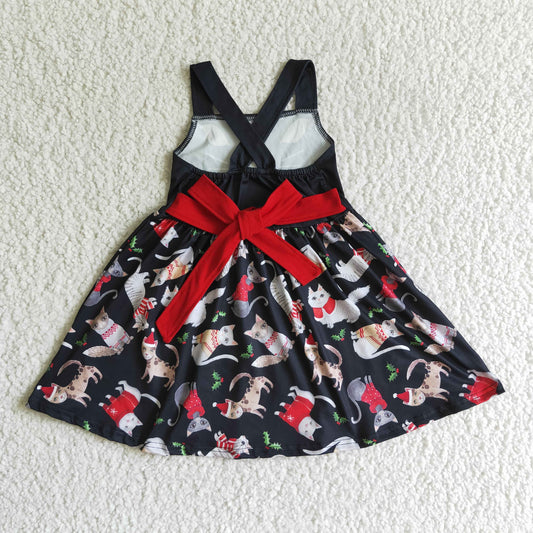 Promotion RTS GSD0140 Christmas Red Black Cat Cartoon Girls Short Sleeve Dresses