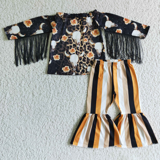 GLP0169 Black Yellow Leopard Highland Cow Floral Tassel Girls Long Sleeve Bell Bottom Pants Outfits