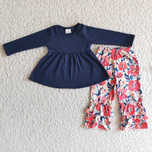 Clearance 6 B2-5 Blue Floral Girls Long Sleeve Bell Bottom Pants Outfits