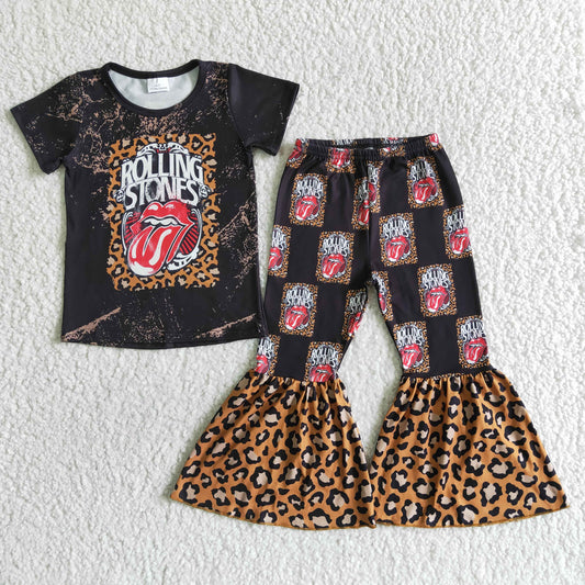 GSPO0012 Black Leopard Lip Mouth Music Band Singer Cartoon Girls Short Sleeve Bell Bottom Pants Outfits