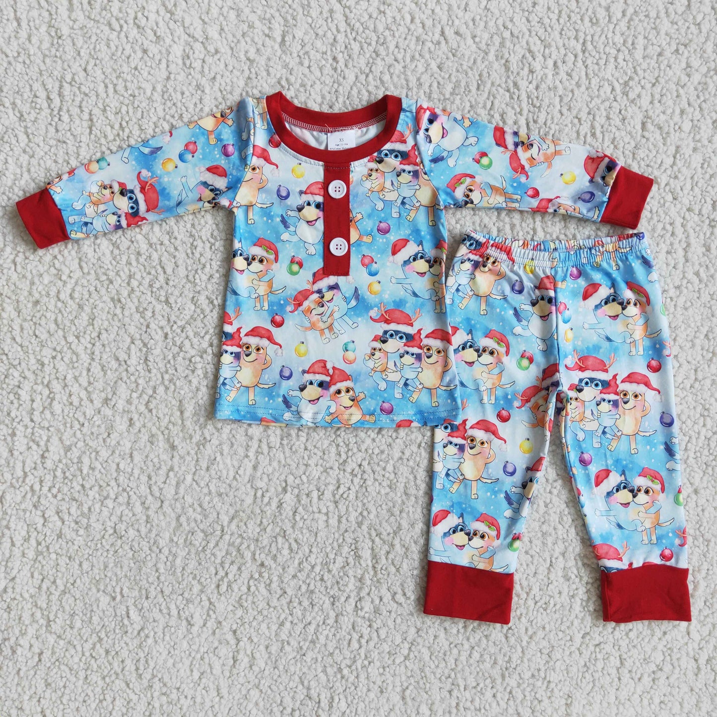 6 B11-24 Christmas Blue Cartoon Dog Girls Long Sleeve Pants Outfits Pajamas