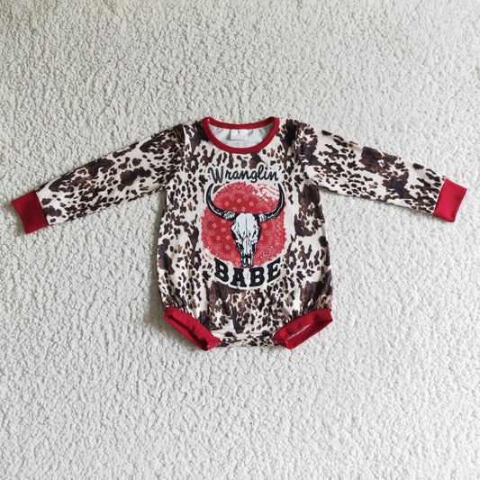 LR0164 Babe Red Leopard Cow Head Western Cowboy Girls Long Sleeve Romper