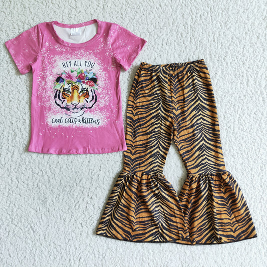 promotion RTS B11-14 Hey Tiger Flower Pink Short Sleeve Bell Bottom Pants Sets Girls Boutique Outfits