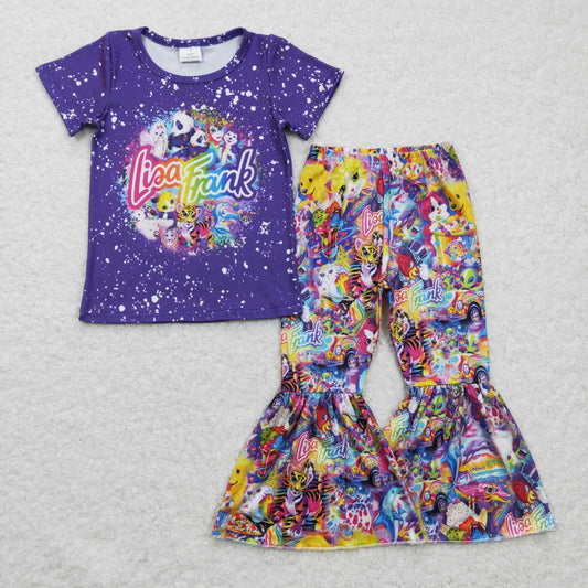 GSPO0343 Purple Bleach Cartoon Bear Animal Tiger Girls Short Sleeve Bell Bottom Pants Outfits