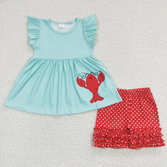 promotion RTS A5-11 Lobster Blue Red Crayfish Crawfish Red Dots Girls Short Sleeve Shorts Outfits