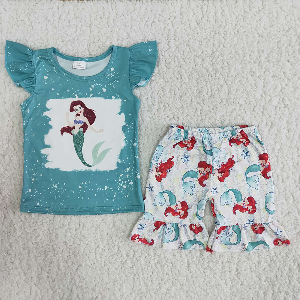 B5-14 Mermaid Green Blue Bleach Girls Short Sleeve Shorts Outfits