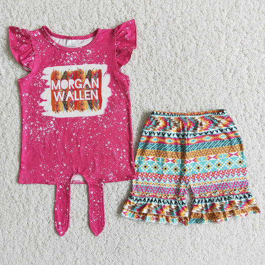 promotion RTS D8-26 Hot Pink Bleach Flutter Sleeve Aztec Style Summer Girls Set