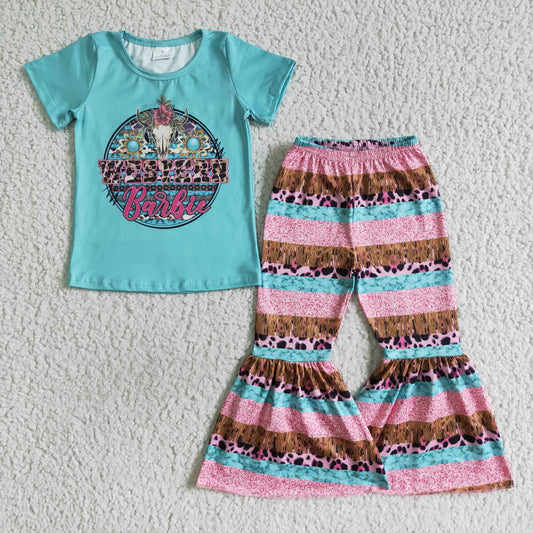 GSPO0150 Pink Blue Cartoon Western Cow Floral Girls Short Sleeve Bell Bottom Pants Outfits