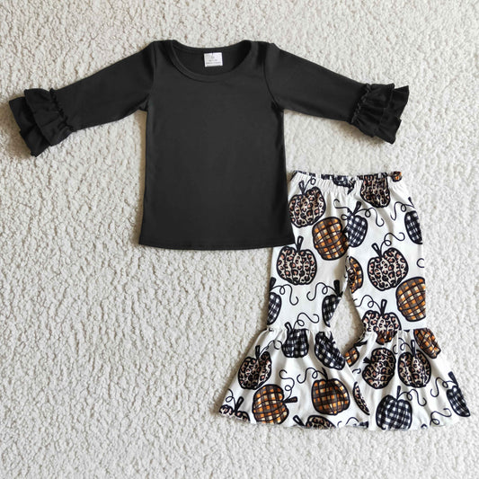 GLP0263 Halloween Pumpkin Black Leopard Girls Long Sleeve Bell Bottom Pants Outfits