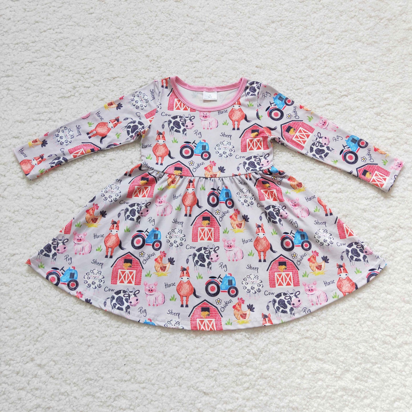 promotion GLD0151 Blue Pink Farm Life Horses Cow Pig Chicken Girls Long Sleeve Dresses