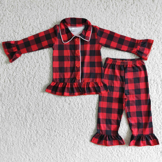 6 B2-39 Christmas Red Black Plaid Girls Long Sleeve Collar Pajamas