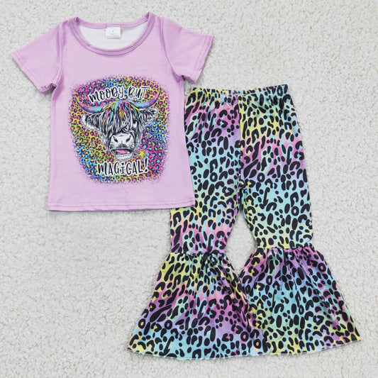 GSPO0240 Moody But Magical Purple Highland Cow Leopard Girls Short Sleeve Bell Bottom Pants Outfits
