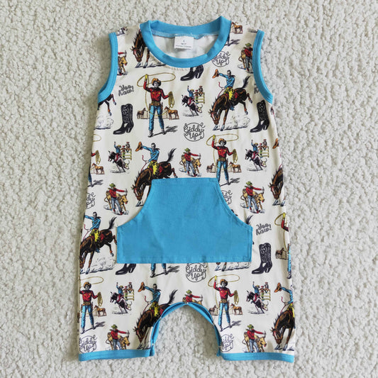 promotion RTS SR0043 Blue Rodeo Horses Cowboy Pocket Boys Sleeveless Romper