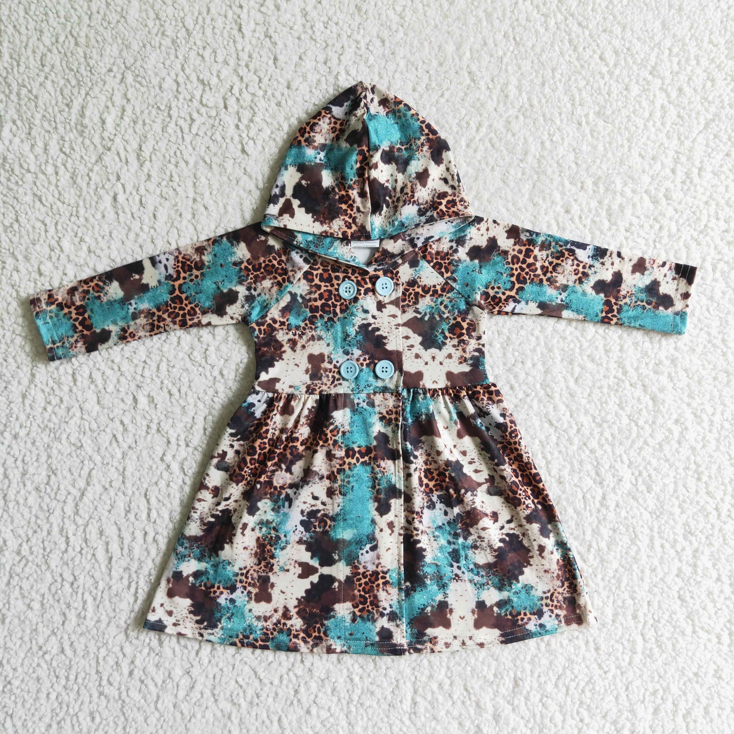 GT0027 Blue Brown Cow Print Hoodies Girls Long Sleeve Dresses