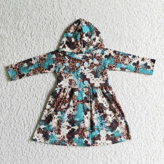 Promotion RTS GT0027 Blue Brown Cow Print Hoodies Girls Long Sleeve Dresses